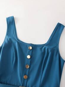 SHEIN Franclia 优雅方领无袖系带A字型长款连衣裙，饰有纽扣，靛蓝色花卉印花，适合通勤，春夏百搭 - 藍色 - 查看 7