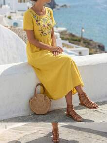 Faunlyn Vestido casual de manga corta y cuello redondo de longitud media, adecuado para el verano - Amarillo - Ver 4