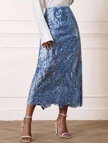 Lilora 女士优雅蕾丝串珠半身裙，时尚夏季 - 藍色 - 查看 5