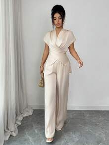 SHEIN Elenzya 女士香槟色丝滑V领褶皱复古系带修身上衣，喇叭袖，搭配高腰阔腿裤两件套，优雅职业装 - 香檳色 - 查看 6