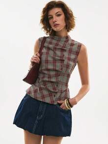 Poéselle Blusa sin mangas plisada a cuadros rojos de moda para mujer, de verano - Multicolor - Ver 2