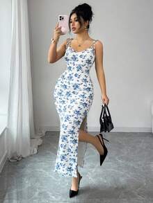 GlowEve Vestido sin mangas minimalista con estampado para mujer - Azul y blanco - Ver 2