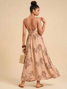 Travachic Women's Floral Print Pleated Casual Dress,Beige Summer Boho Vacation Holiday Outfits,Elegant Wedding Guest Party Dress,Mexican Style Beach Clothing - Khaki - View 2