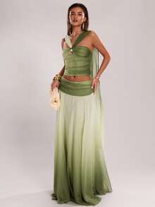 SHEIN BAE 女士渐变印花领巾吊带背心，适合度假休闲穿着，优雅渐变绿色吊带背心，沙滩度假吊带背心 - 薄荷綠 - 查看 7