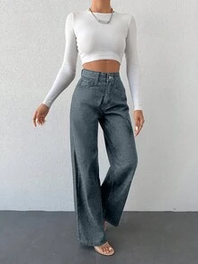 SHEIN 100%純棉斜口袋寬腿牛仔褲，小碼女款 - 淺色水洗藍 - 查看 3