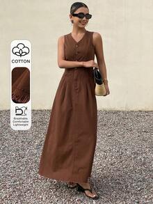 Livesso Vestido de mezclilla de unicolor con cintura ceñida y cuello en V sin mangas para mujeres - Café - Ver 1