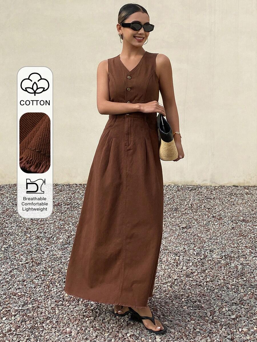 Livesso Vestido de mezclilla de unicolor con cintura ceñida y cuello en V sin mangas para mujeres - Café - Ver 1