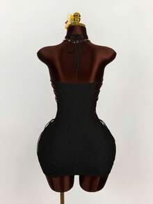 Amplova Cross-Tied Waist Textured Fabric Mini Bodycon Dress,Summer Dresses For Women - Black - View 8