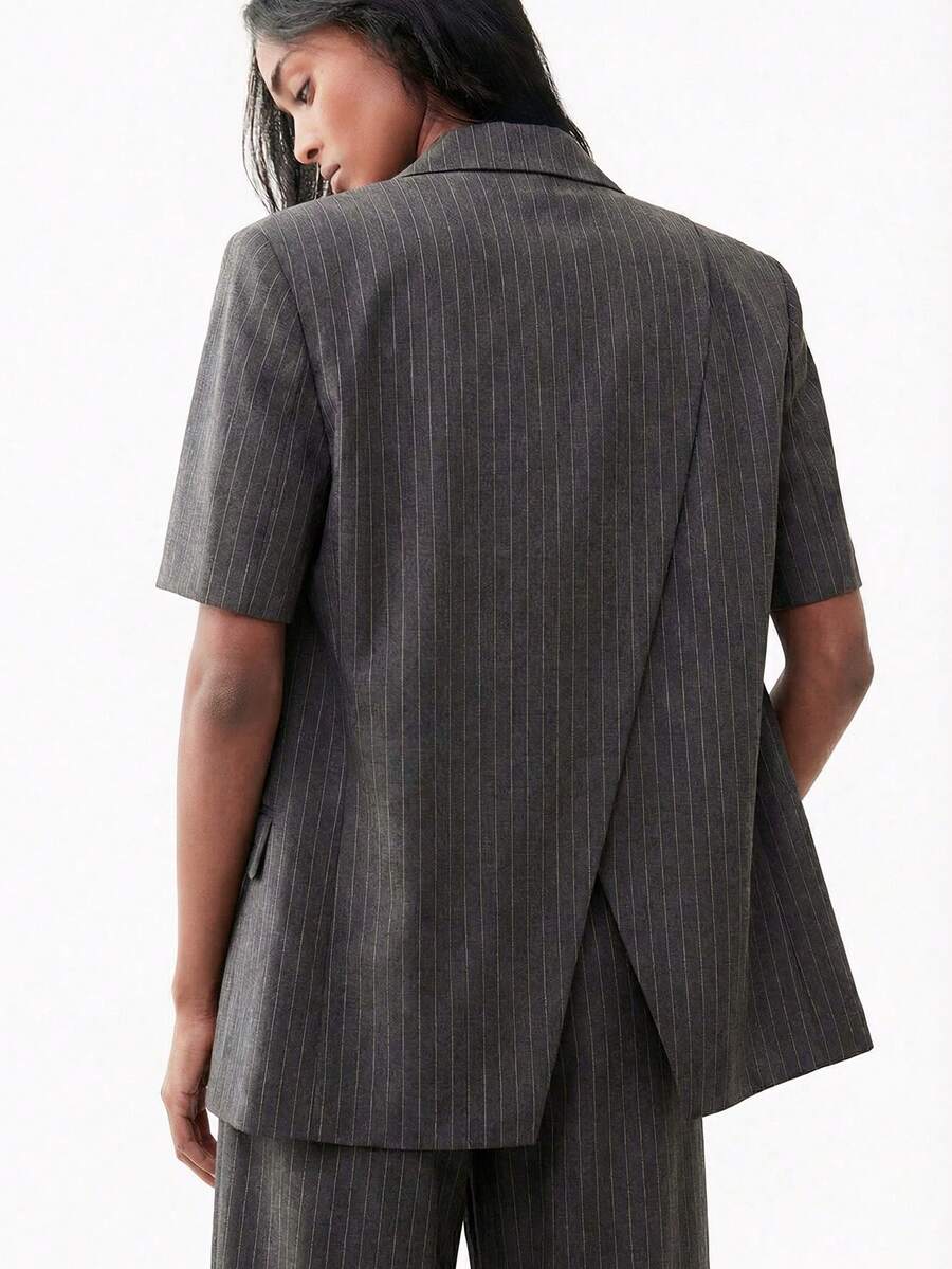 ATUI Studio Women's Casual Commuter Striped Short Sleeve Blazer - Grey - View 1