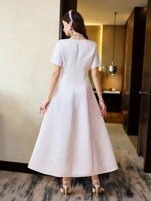 Modelyn Women's Elegant White Summer Rhinestone Square Neck Short Sleeve Dress,Sparkly Colored Birthday Party,Wedding Guest & Bridesmaid Dresses - White - View 8