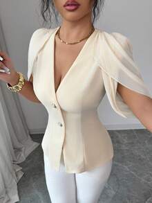 SHEIN Elenzya 女士优雅浪漫修身西装外套，V领设计，褶裥收腰 - 杏色 - 查看 1