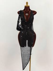 Amplova 2026 Black Sheer Sequin Halter Asymmetrical Music Festival Vest,Summer Top - Black - View 14