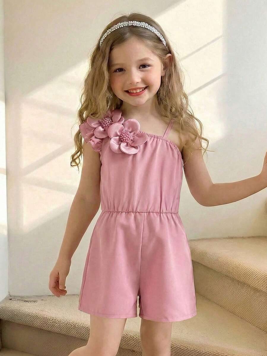 Elladie kids 女童無袖連身褲,粉色夏季度假派對不對稱小飛袖細肩帶寬鬆短褲,花卉與珍珠裝飾甜美公主風 - 粉色 - 查看 1