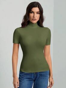 SHEIN Tall Áo thun nữ cổ cao tay ngắn màu đen trơn cơ bản - xanh quân đội - Xem 3