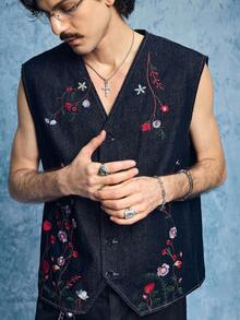 ROMWE MEN Street Life Men's Floral Embroidered Denim Vest - Blue - View 6