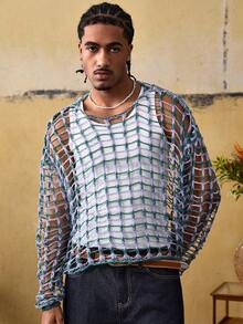 ROMWE MEN Street Life Men's Round Neck Fishnet Hollow Casual Versatile Daily Knit Long Sleeve Top - Multicolor - View 4