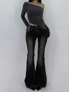 DAZY Quần jeans ống loe nữ, kiểu dáng thường ngày, chất liệu denim, có túi xéo. - màu đen - Xem 4