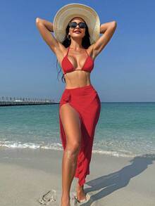 Swim Lushoire Áo khoác ngoài màu trơn dành cho nữ, chân váy xếp ly. - Đỏ - Xem 3