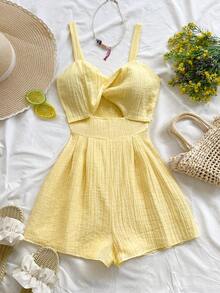 Soleia 女士度假休闲纯色扭结镂空连体衣 - 黃色 - 查看 4