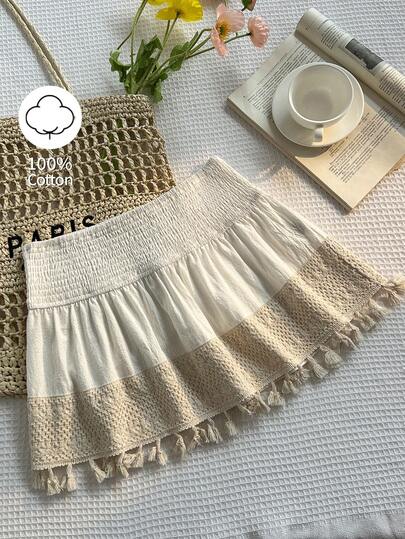 Elamini Women's White Low-Waist High-Elastic Gathered Hem Ruffle Trim Sexy Beach Vacation Style Mini Skirt