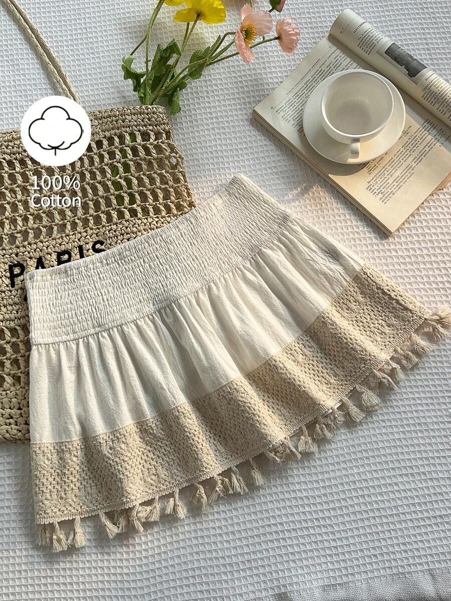 Elamini Chân váy ngắn nữ màu trắng cạp thấp, chun co giãn cao, gấu váy xếp ly, viền bèo nhún, kiểu dáng gợi cảm cho kỳ nghỉ biển. - trắng - Xem 1