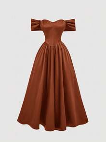 SHEIN MOD Đầm midi trễ vai thắt eo cỡ lớn dành cho nữ, màu đỏ tía, mùa thu/đông, Halloween, chủ đề "Ác mộng trước Giáng sinh", trang phục Halloween cho nữ, dự tiệc, thanh lịch, đầm satin đỏ, đầm trễ vai, đầm dạ hội đỏ, đầm dài đến bắp chân đỏ, đầm dự tiệc đỏ, đầm dự đám cưới cho nữ. - màu nâu - Xem 5