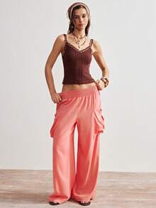 Bohemela 女士休闲纯色梭织宽松阔腿裤 - 藕粉色 - 查看 2