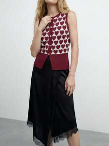 Maija Women's Heart Pattern Sleeveless Knit Top With Metal Heart Buckle,Burgundy,Summer,90s Retro,Everyday Chic Essential Maroon Knit Top For Work - Red and White - View 4