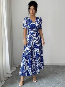 SHEIN Elenzya Women's Elegant Shirred Floral Print Summer Vacation Fitted Waist Short Sleeve Maxi Casual/Work Dress, Summer - Blue and White - View 5