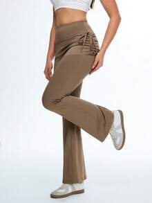 Eassivo 高腰褶皱瑜伽裤，裤脚呈喇叭形 - 巧克力棕 - 查看 1