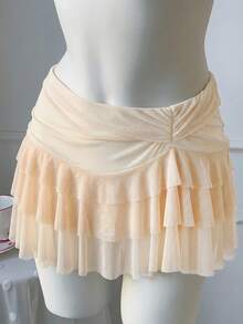 SHEIN EZwear 女士时尚不对称下摆荷叶边腰部米色伞裙 - 米色 - 查看 3