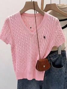 Franclia European And American Spring/Summer New V-Neck Embroidered Textured Rib Knit Design Casual Women Sweater Top - Pink - View 1