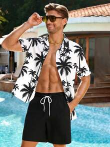 Manfinity Swimmode Men's Summer Vacation Coconut Tree Print Button-Front Shirt And Shorts Beach Outfit Men 2 Piece Set Tropical Black And White Outfits Men Vacation - Black - View 1