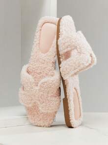 SHUZIA 女士柔软舒适保暖毛绒奢华风镂空露趾羊毛粉色拖鞋新年假期情人节礼物夏季鞋情人节春季鞋 - 粉色 - 查看 7