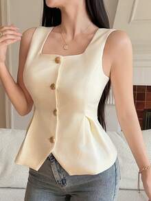 DAZY Chaqueta fina sin mangas de unicolor y textura elegante para mujer, de verano - Beis - Ver 3