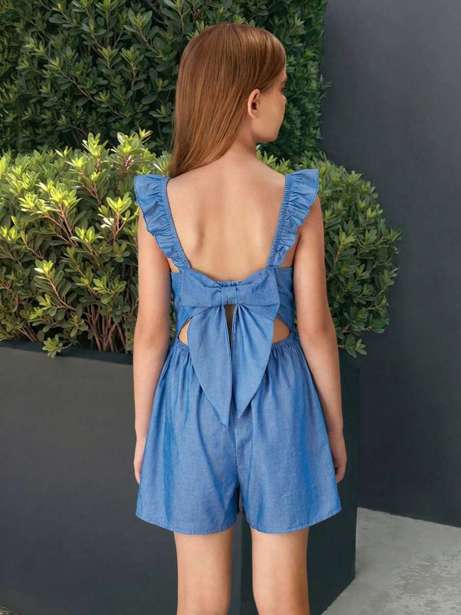 SHEIN 适合度假的少女条纹方领短袖宽松连体裤 - 藍色 - 查看 1