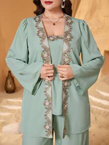 Reflora Completo da donna taglie forti, 2 pezzi, elegante outfit con decorazioni in strass viola, adatto per feste, autunno/inverno - Verde - Visualizzare 10