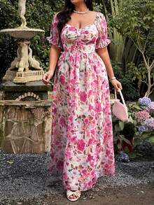 Lyrianda Plus Size Elegant Floral Print Cutout Dress, Spring/Summer - Multicolor - View 6