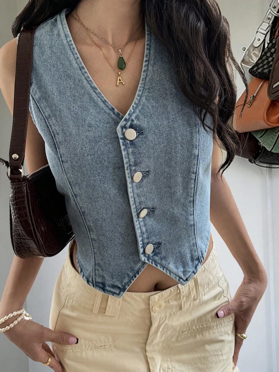 DAZY Áo sơ mi denim dáng ôm, cổ chữ V, không tay, kiểu dáng rách rưới dành cho nữ. - Màu xanh lam - Xem 1