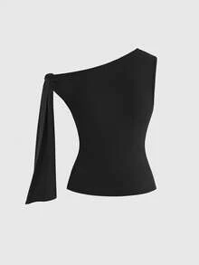 ROMWE Y2K露脐不对称肩带短款上衣，适合音乐节、派对、夜店、旅行、约会、休闲街头风等场合，夏季必备。 - 黑色 - 查看 2