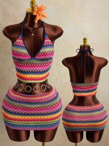 Zestiva Ensemble de 2 pièces femme, débardeur texturé rétro et bretelles. Ensemble élégant de vacances, style plage ensoleillée. Ensemble bikini 2 pièces femme. Ensemble de 3 pièces pour vacances femme, robe, jupe, maillot de bain - Multicolore - Voir 1