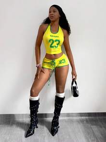StreetHx 街头风女装撞色字母印花背心和低腰超短裤两件套，春夏款 - 黃色 - 查看 5
