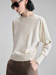 Ontre 2026春夏女式纯色圆领蝙蝠袖长袖宽松休闲针织衫，商务休闲，情人节，婚礼季 - 杏色 - 查看 5