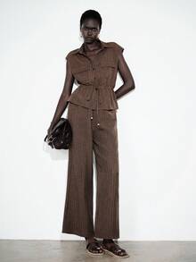 Lumivelle Women's Shirt Collar Faux Pocket Cinched Waist Top + Elastic Waist Wide Leg Pants 2 Pieces Set Brown Set Women - Brown - View 7