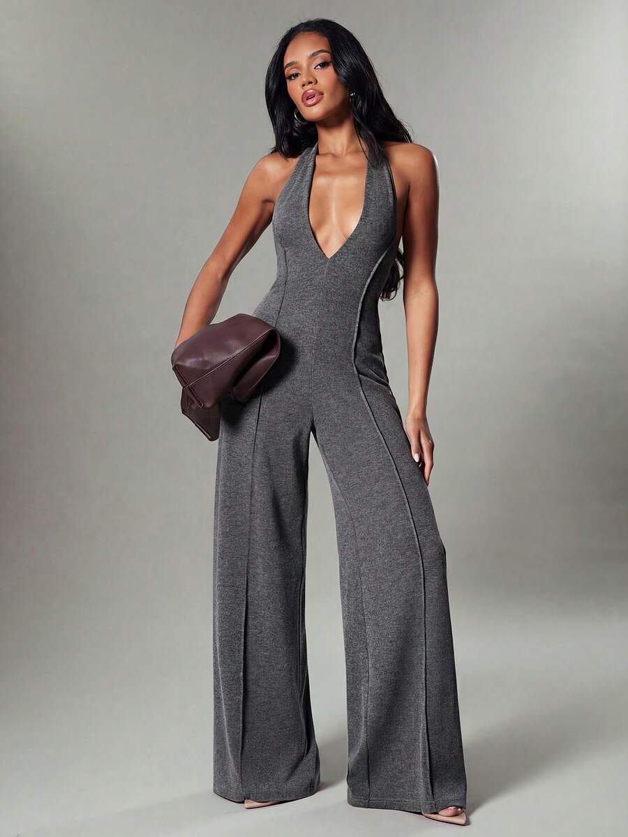 Hauture Women's Sexy Casual Halter Neck Rib Seam Overlock Detail Backless Jumpsuit - Grey - View 1