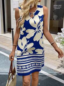 SHEIN LUNE Đầm nữ cỡ lớn in hoa không tay kiểu dáng thường ngày với khóa cài tròn - Xanh đậm - Xem 4