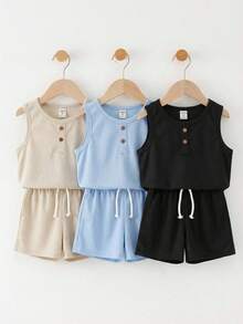 SHEIN 6 pièces Ensemble 2 pièces haut sans manches col rond et shorts pour enfants garçons, décontracté. Polyvalent pour l'école, le jardin, la plage, les anniversaires, le printemps/été/automne/hiver. Hauts assortis, ensembles de tenues pour garçons, ensembles de tenues pour adolescentes filles, hauts d'école, t-shirts pour enfants garçons - Multicolore - Voir 4