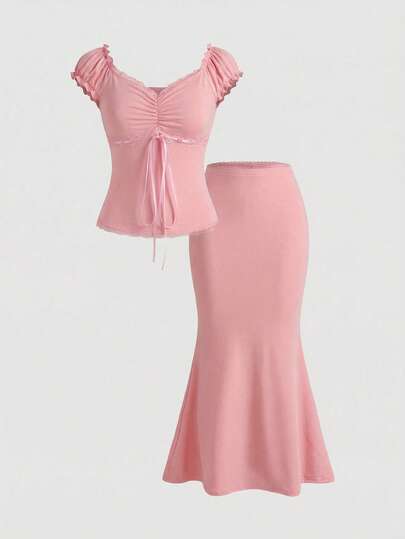 Kawaii Tenues d'été pour femmes : Ensemble 2 pièces slim, Top + jupe, avec décoration nœud papillon, patchwork en dentelle à pois contrastés, col V