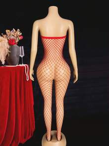 1pc Women's Sexy Hollow-Out Sheer Bodystocking - Red - View 3