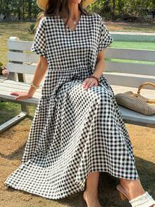 Livesso Vestido midi de línea A con cintura ceñida y cuello en V a cuadros para mujer, vestido de verano holgado - Blanco y Negro - Ver 1